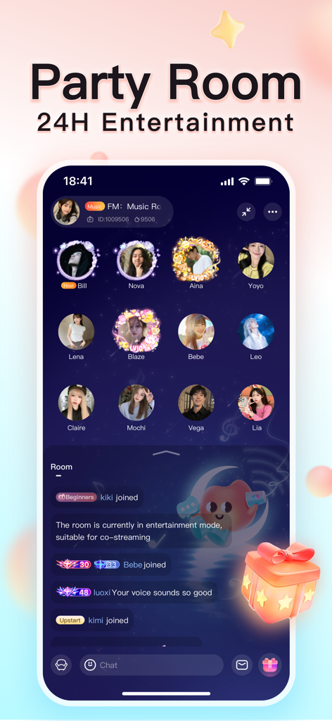ByMe -Stand by Me! - Interfaz de la aplicación ByMe que muestra una sala de fiestas de audio virtual de 24 horas con múltiples perfiles de usuario y mensajes de chat en vivo.