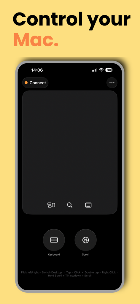 PhoneMouse - Mouse Alternative - PhoneMouse app interface on an iPhone showing a trackpad and control buttons for a Mac