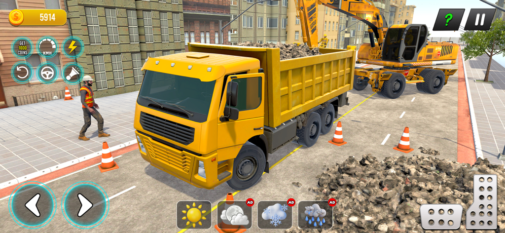 Construction Truck 2025 Sim 3D - Um caminhão basculante amarelo em um canteiro de obras da cidade no jogo Simulador de Caminhão de Construção 2025 3D.