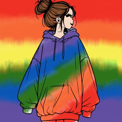 realistic girl with a oversized sweatshirt on and a bun