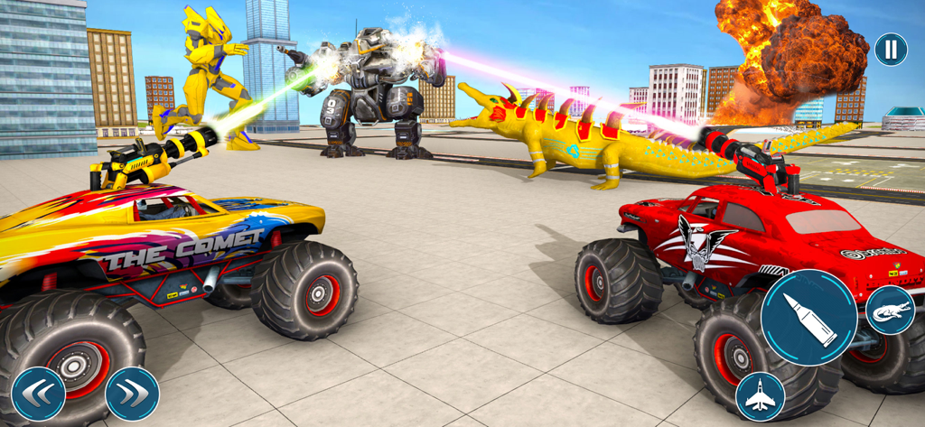 Crocodile Robot War Fighter - A giant yellow robotic crocodile and monster trucks fighting with lasers and rockets in a city arena.