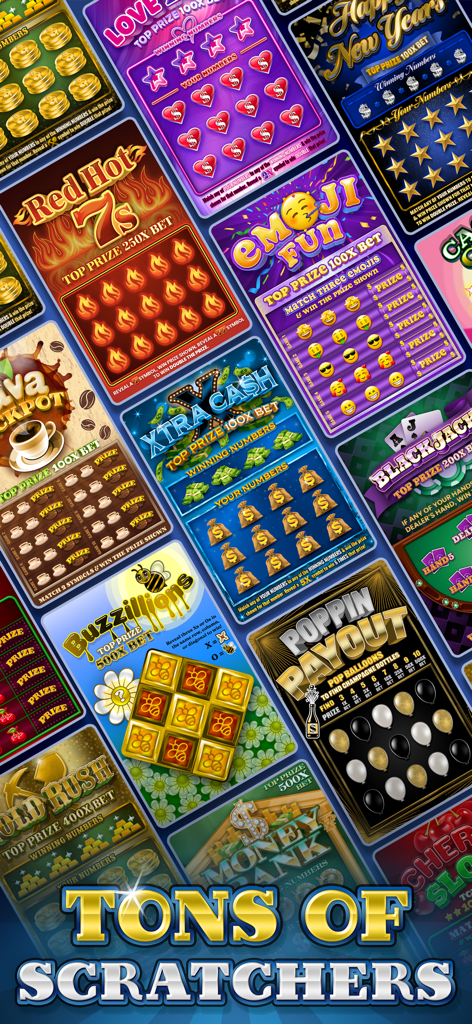 Lottery Scratchers - A collection of colorful digital scratch-off lottery tickets with various game themes like Red Hot 7s and Gold Rush.