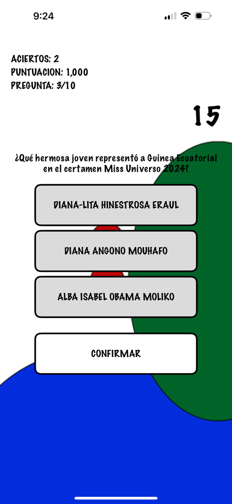 Guinealogia - Pantalla del juego de trivia Guinealogia con una pregunta sobre la representante de Guinea Ecuatorial en Miss Universo