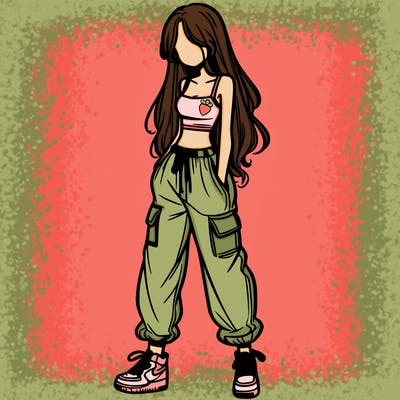 girl in baggy pants crop top and long hair