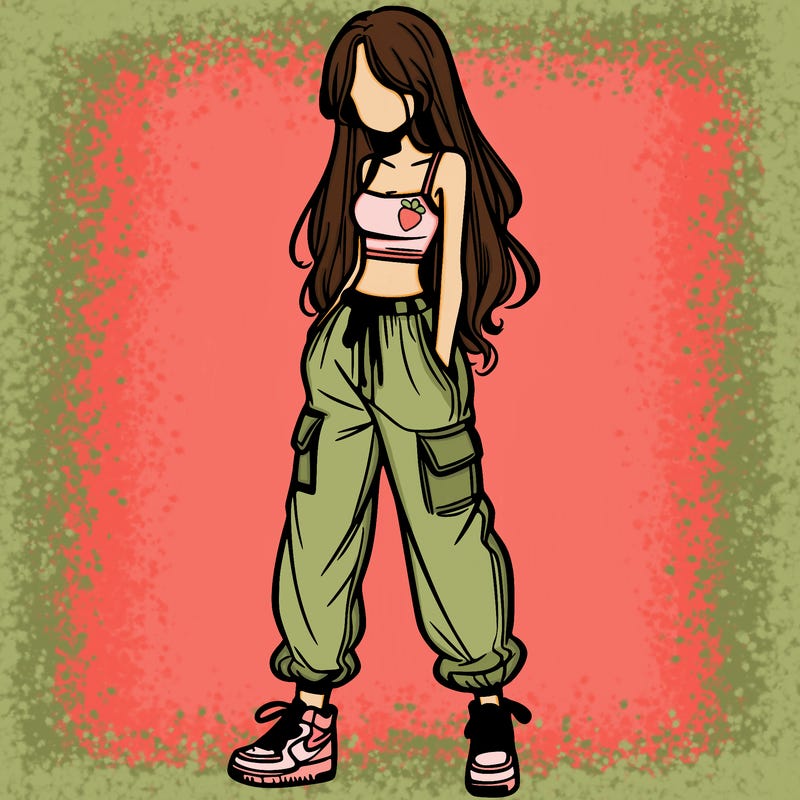 girl in baggy pants crop top and long hair