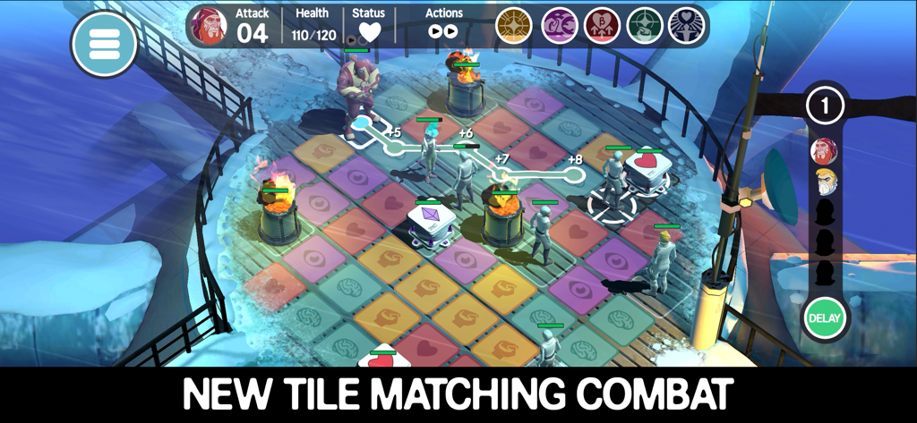 Ticket to Earth - Gameplay screenshot of Ticket to Earth showing tactical tile matching combat on a colored grid battlefield.