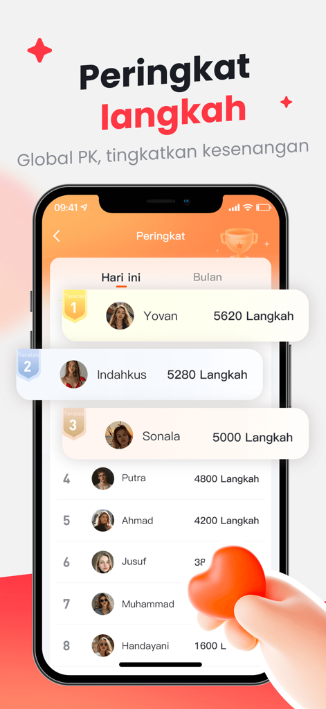 Tabla de clasificación de la aplicación StepFit que muestra los rankings de pasos de los usuarios y la competición