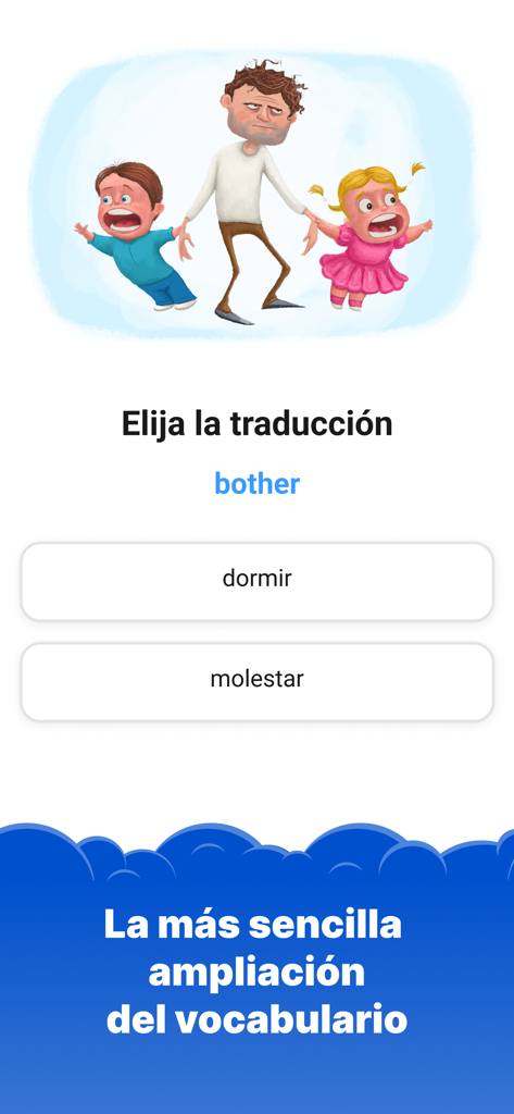Simpler: English learning app - Exercice de traduction de vocabulaire dans l'application d'apprentissage de l'anglais Simpler montrant une illustration de bande dessinée et des options à choix multiples en espagnol