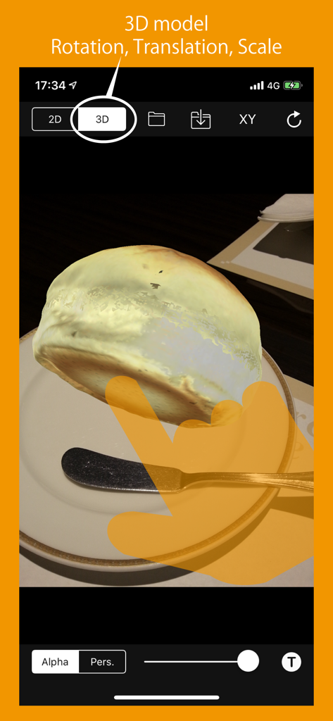 3D Superimpose - Interface of the 3D Superimpose app showing a 3D model of bread placed on a plate photo with rotation and scale controls