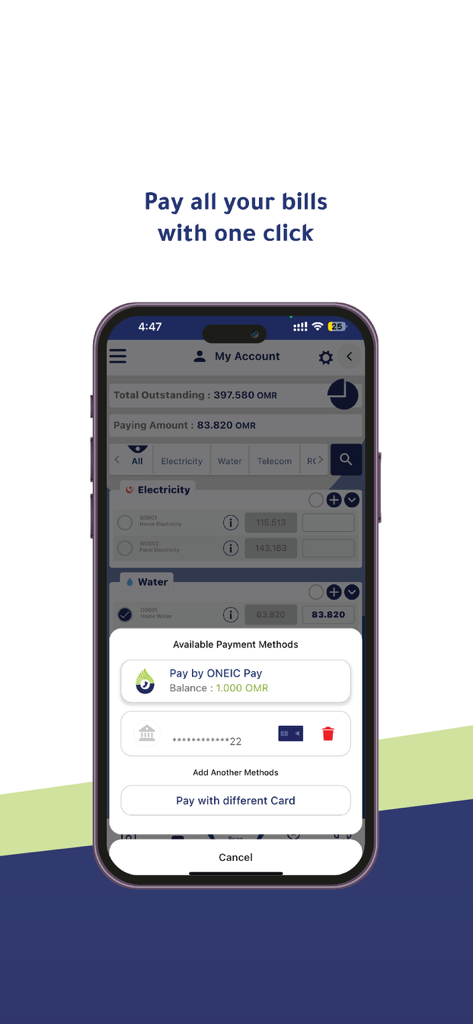 ONEIC Pay - ONEIC Pay mobile app interface showing utility bill payments and checkout options