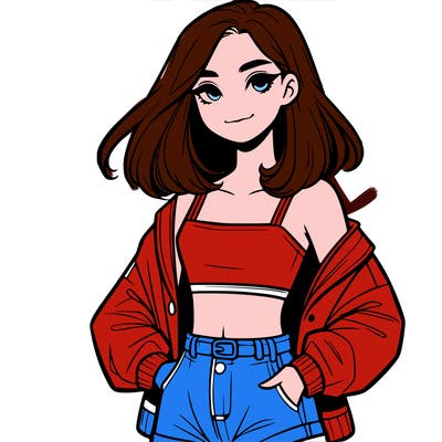 a realistic girl with a crop top and short shorts in an open jacket