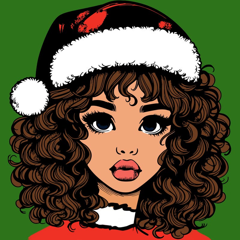 realistic girl with a santa hat curly hair and lips