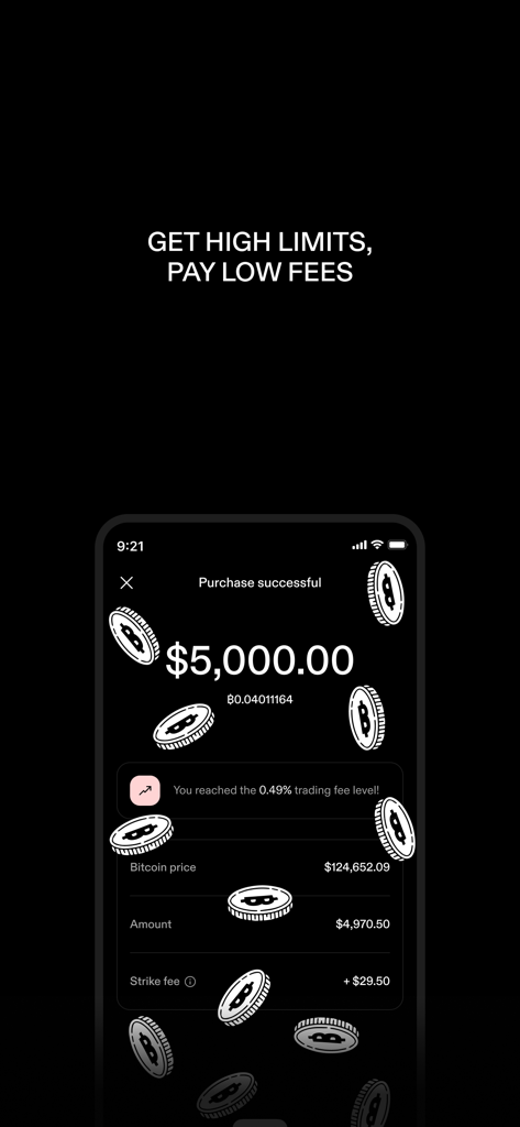 STRIKE: BUY & HOLD BITCOIN - Strike app screen showing a five thousand dollar bitcoin purchase with low trading fees