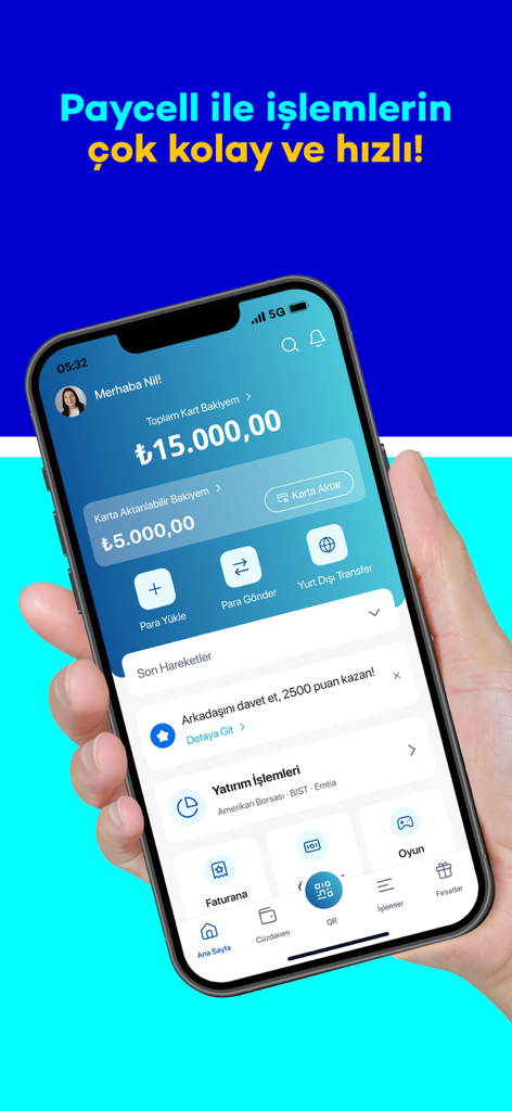 Paycell - Digital Wallet - Interfaz de la aplicación móvil de la billetera digital Paycell mostrando el saldo y las opciones de servicios financieros