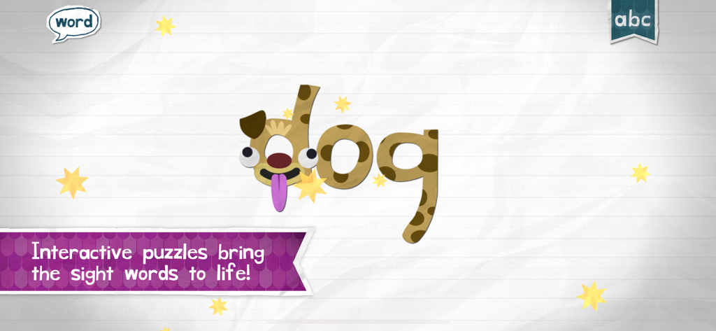 Rompecabezas interactivo de palabras de uso frecuente para la palabra 'dog' (perro) con un diseño de personaje en la aplicación Endless Reader.