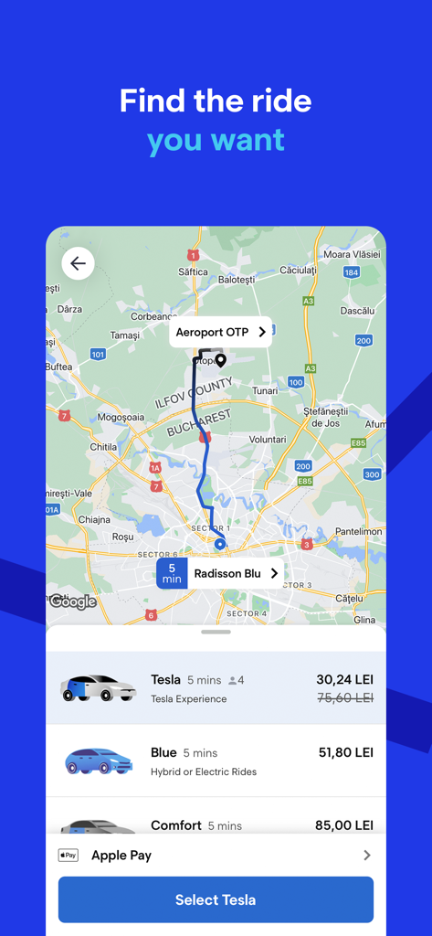 Blue Rumänien App-Oberfläche zeigt Fahrtenoptionen und Karte für den Flughafentransfer in Bukarest