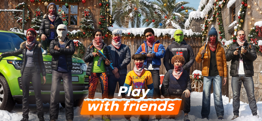 Vibe City — online RP - A group of urban characters in street wear with face masks standing in a snowy city setting with the text Play with friends