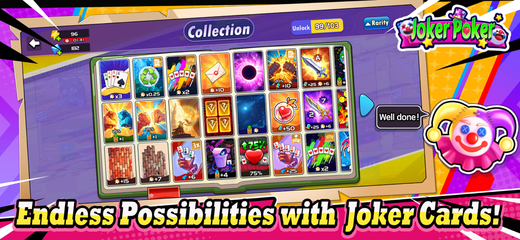 Eine Galerie verschiedener Joker-Karten im Joker Poker Kartenspiel, die verschiedene Fähigkeiten und Power-Up-Symbole zeigen.