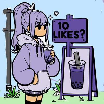 girl with oversized hoodie drinking boba and she has a high ponytail with a sign that says 10likes?
