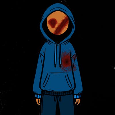 faceless girl in a tracksuit with a hood on and no hair