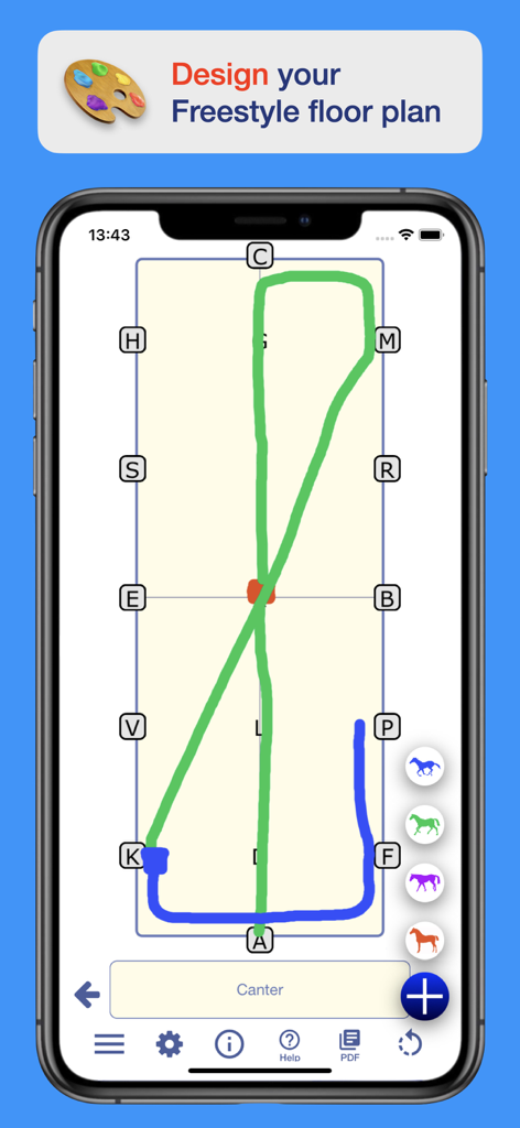 BD British Dressage TestPro - Mobile app interface for designing a dressage freestyle floor plan with path diagrams on a digital arena