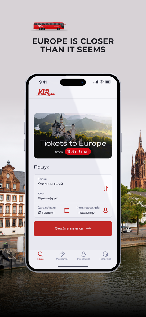 KLR Bus - tickets booking - KLR Bus mobile app search screen for European bus tickets