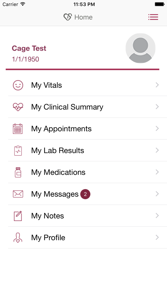 Home screen of the CIS CardioConnect app showing a patient dashboard with menu options for vitals clinical summary and appointments