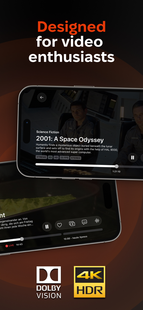 UHF IPTV app interface on iPhone displaying 4K HDR and Dolby Vision movie playback features for video enthusiasts