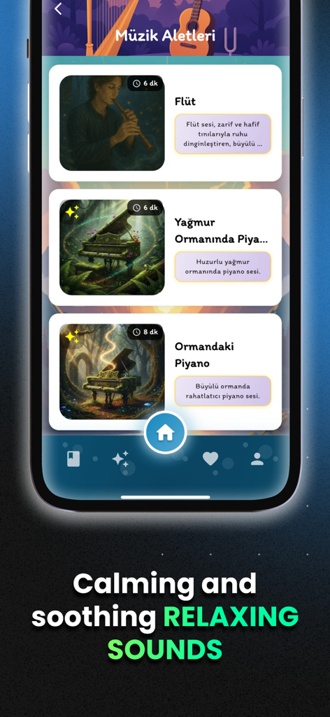 Kids Sleep & Healing Tales - Interfaz de la aplicación Kids Sleep and Healing Tales que muestra pistas de música relajante como flauta y piano con temas de la naturaleza