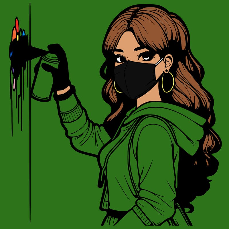 realistic girl with mask spray painting a wall