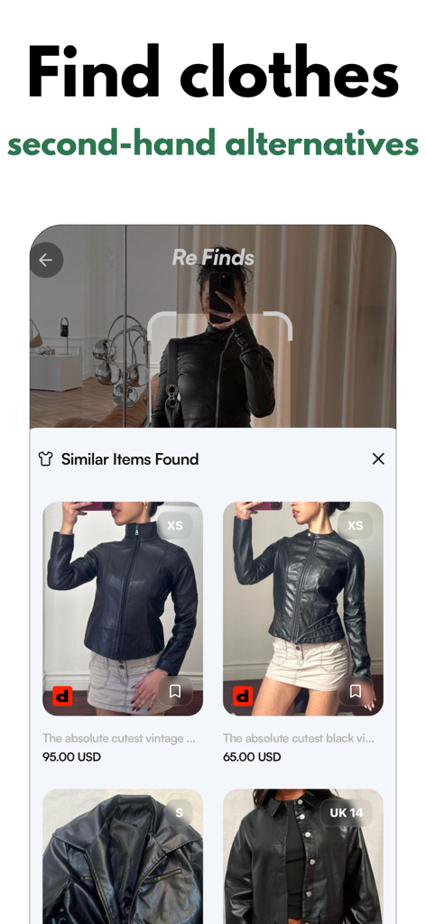 Mobile app interface showing similar secondhand clothing items found using a photo of a black leather jacket.