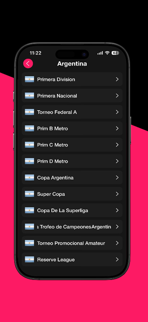 Football Live TV HD : Score - Pantalla de aplicación móvil que muestra una lista de ligas y copas de fútbol argentinas como Primera División y Copa Argentina