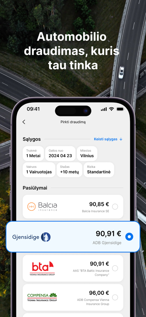 Interface of the carOne mobile app showing a price comparison for car insurance policies from multiple providers.