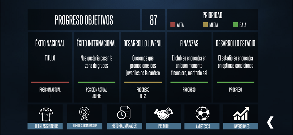 Objectives progress screen in F11 Football Manager displaying club goals and priorities for national and international success