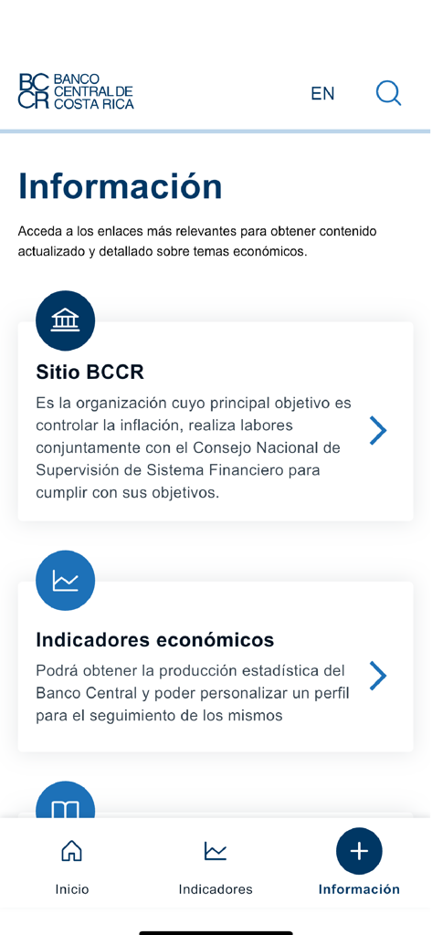 Information screen of the Central Bank of Costa Rica app displaying links to economic indicators and the official website