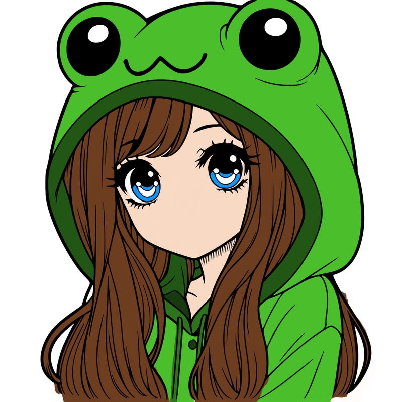 a pretty girl wearing a frog hoodie portrait with long hair