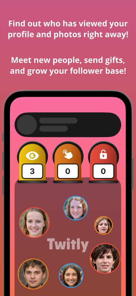 Una pantalla móvil que muestra la función de visor de perfiles secretos de la aplicación Twitly con estadísticas de perfil e iconos de usuario