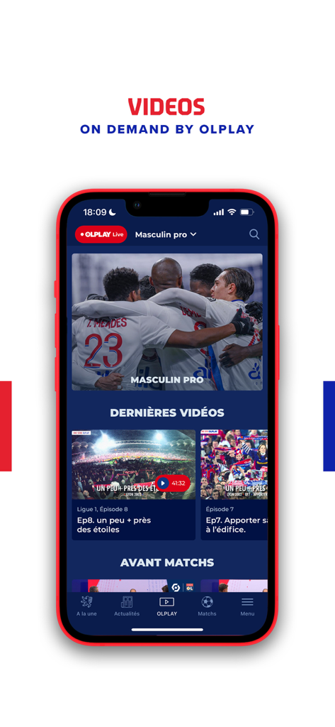 OLPLAY App-Oberfläche, die eine Video-on-Demand-Galerie mit den neuesten Fußball-Highlights und Pre-Match-Inhalten anzeigt.