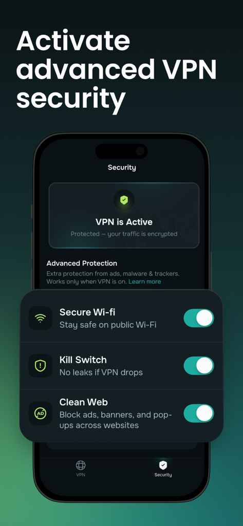 Guru VPN app interface showing advanced security features including Secure Wi-Fi, Kill Switch, and Clean Web ad blocking