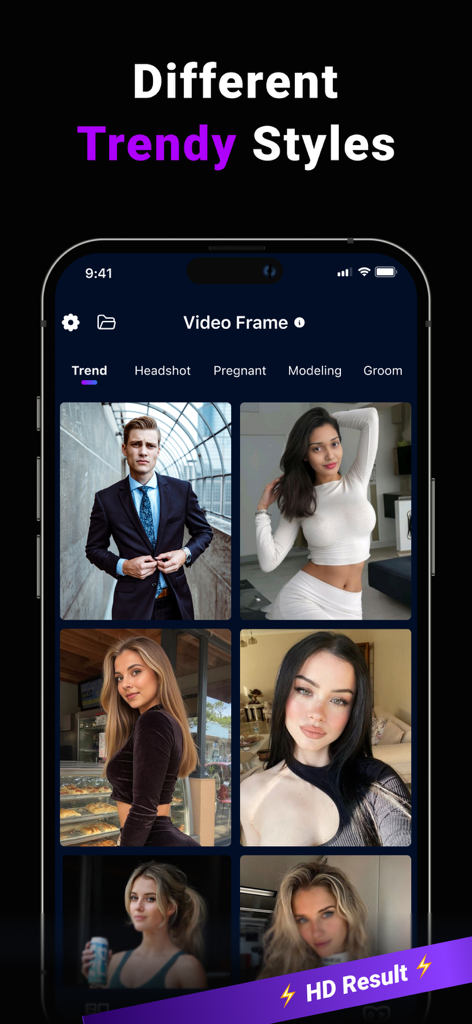AI Faceswap: Video Face Swap - Smartphone-Oberfläche der AI Faceswap-App, die verschiedene trendige Fotovorlagen wie Porträts und Model-Stile für den Gesichtswechsel anzeigt.