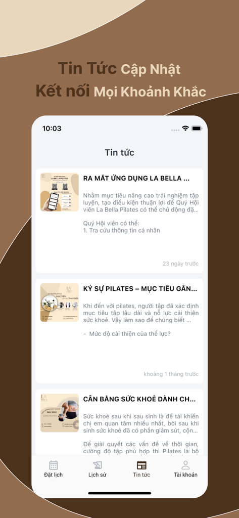 La Bella - News feed interface of the La Bella Pilates app displaying health and fitness articles