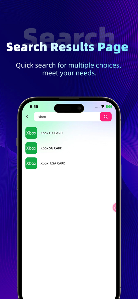 TOPUP Live - TOPUP Live app search results page showing regional Xbox gift cards