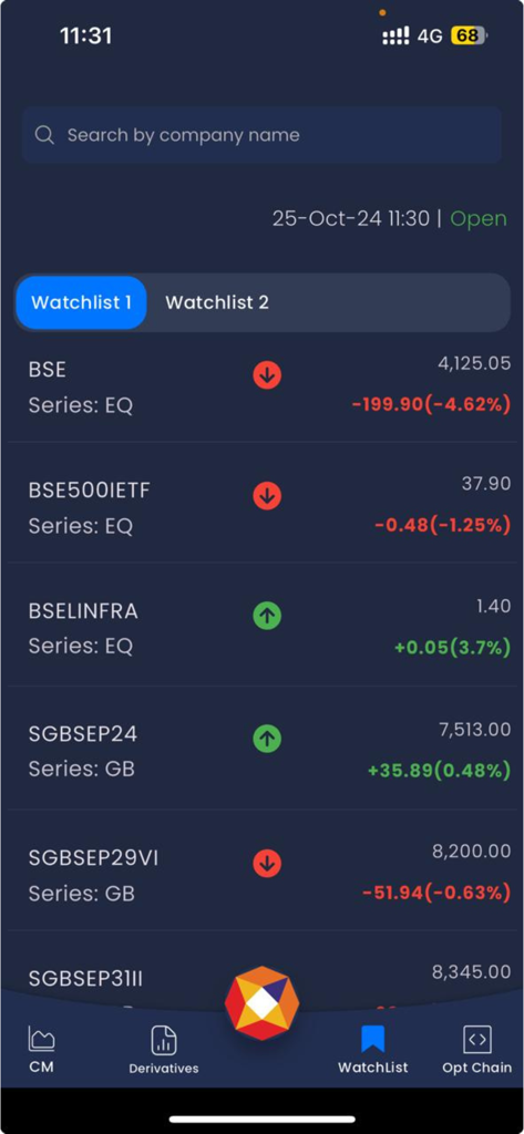 Aplicativo oficial NSEIndia exibindo uma lista de observação personalizada do mercado de ações com atualizações de preços em tempo real.