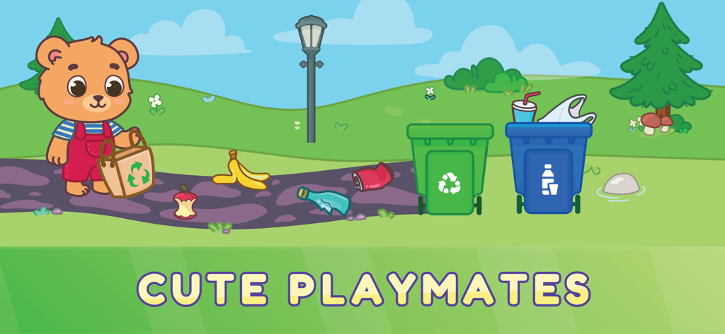 Cartoon bear character sorting trash into recycling bins in a park setting