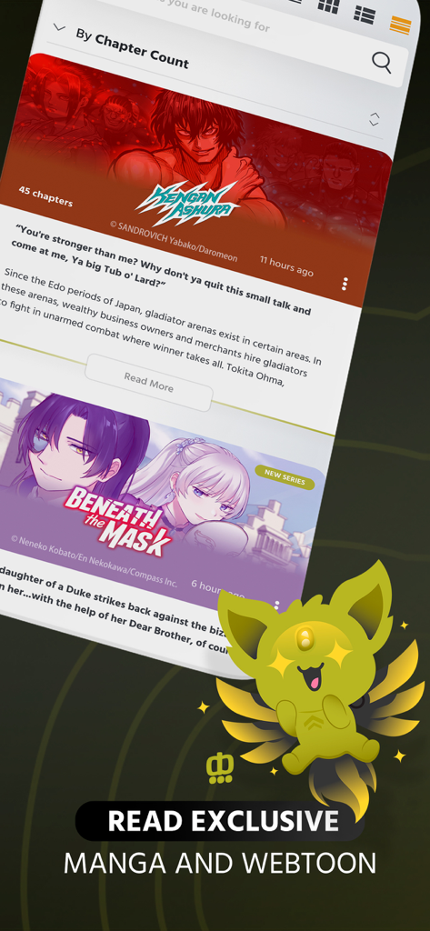 Comikey mobile app interface displaying exclusive manga series and a yellow mascot.