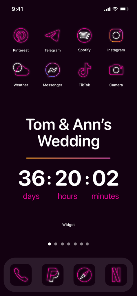 Widget | Countdown to birthday - Aesthetic neon iPhone home screen featuring a wedding countdown widget and custom app icons