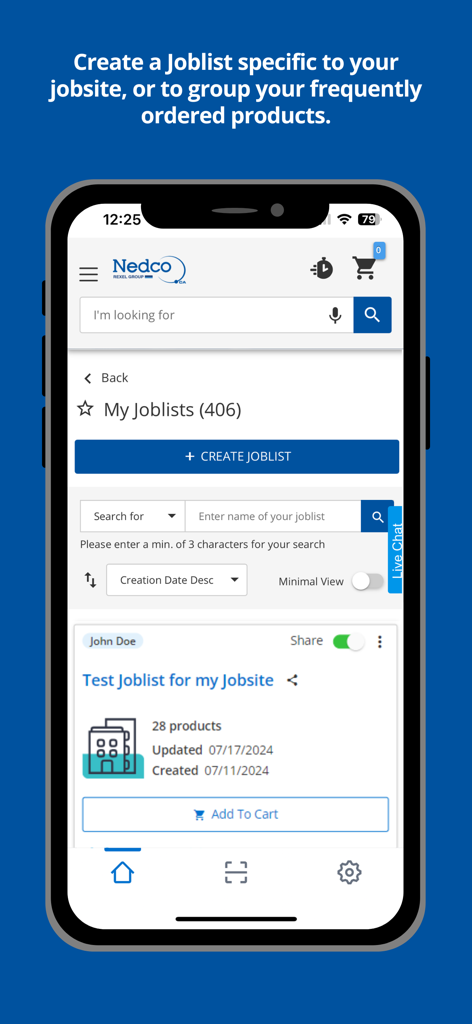 Nedco - Interface of the Nedco mobile app showing the Joblists feature for organizing electrical products by jobsite