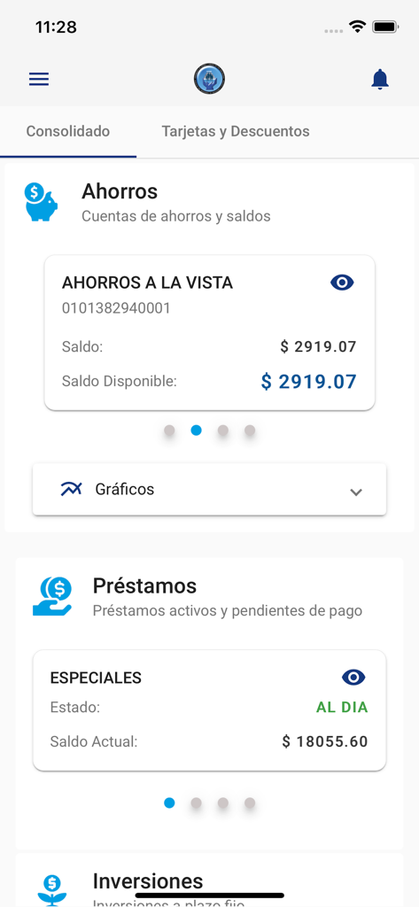 Cacspmec Móvil - Interfaz de la aplicación Cacspmec Movil mostrando saldos de cuentas de ahorro y préstamos.