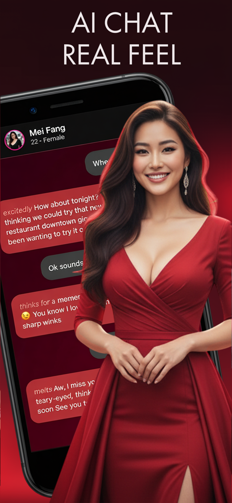 Perfect Girlfriend AI Fantasy - Interfaz de chat de IA que muestra una conversación con una compañera virtual llamada Mei Fang en la aplicación Perfect Girlfriend AI