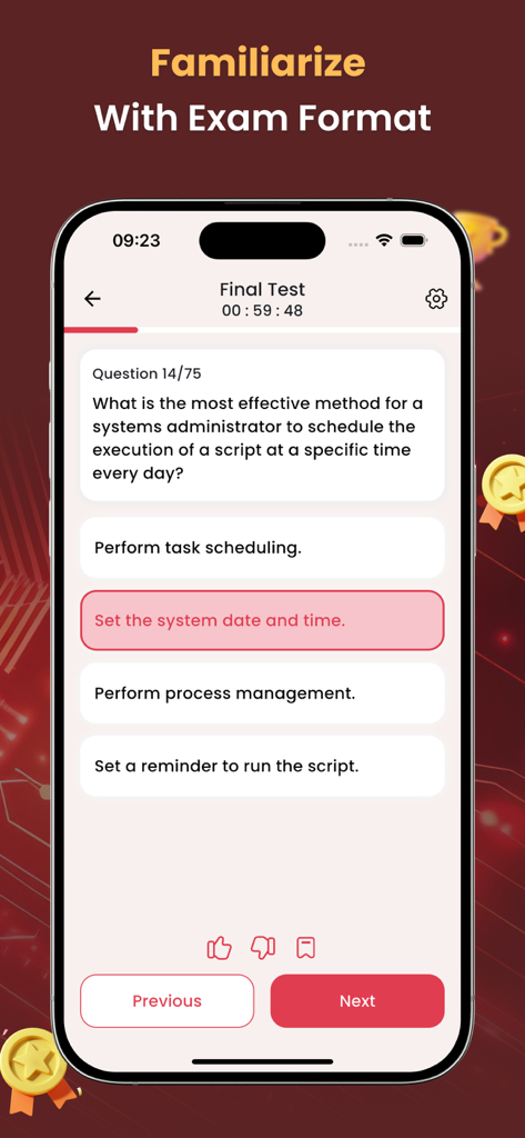 CompTIA ITF+ Practice Test - A screenshot of the CompTIA ITF plus practice test app showing a multiple choice question in a mock final test interface.